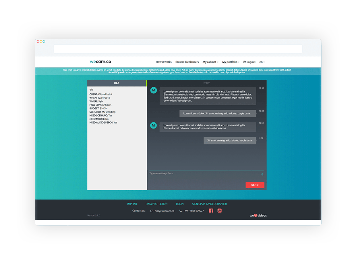 Wecam, client profile screenshot