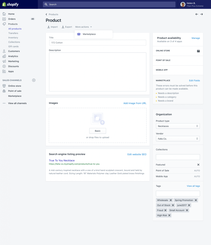 Shopify marketplace admin