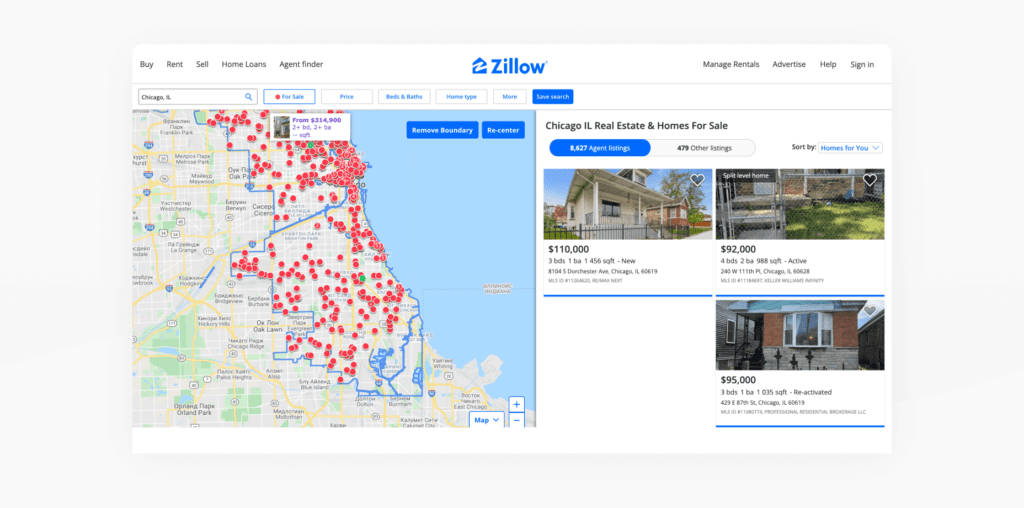 Real estate listings on Zillow