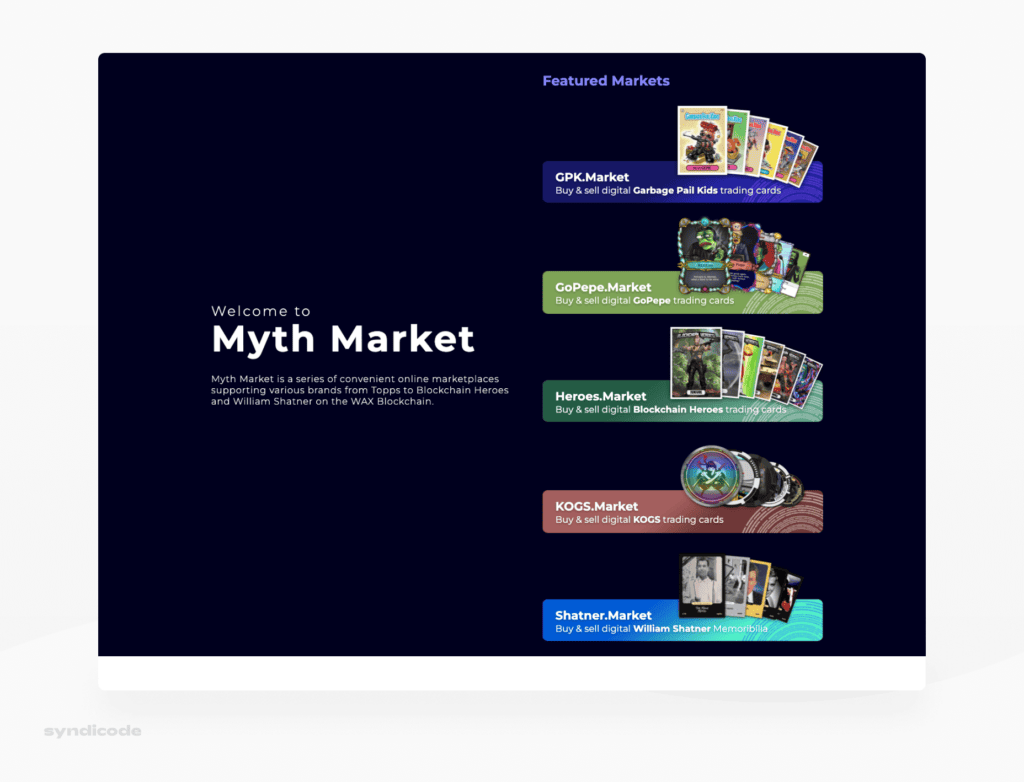 Home page of NFT marketplace Myth Market