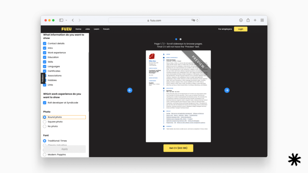 Flexible CV builder on the job board website Fuzu